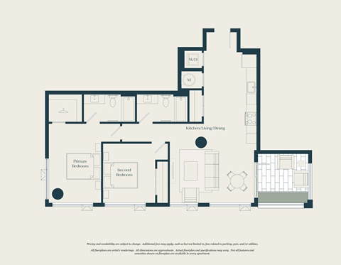 Floor plan for 2 beds, 2 baths, 1039 sqft